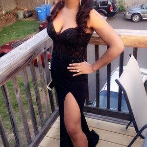 strapless black prom dress w/ corset back